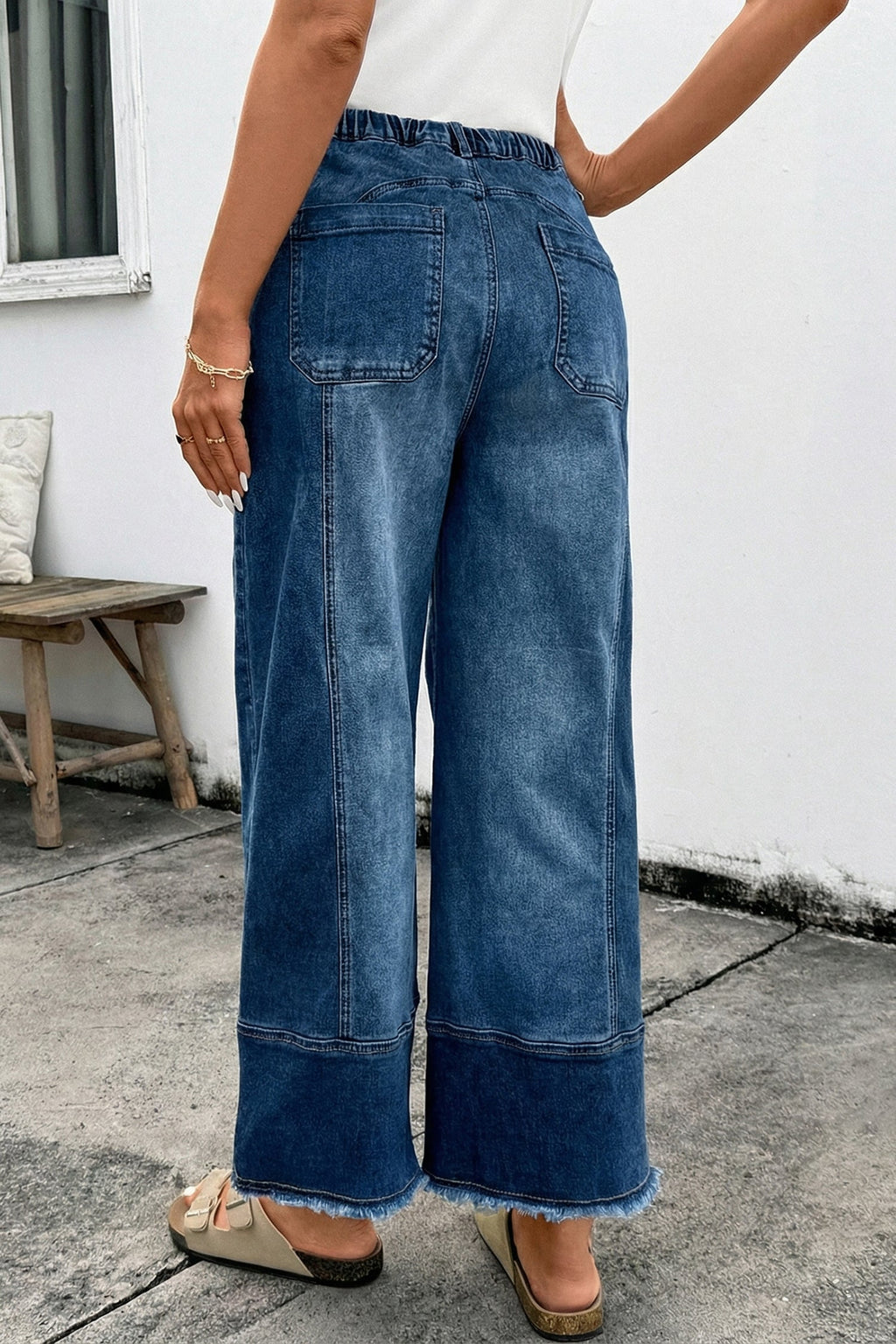 Prussian Blue Drawstring Seam Detail Raw Hem Wide Leg Denim Pants