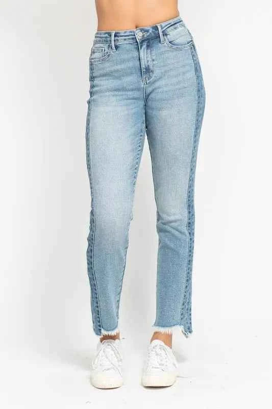 Judy Blue Full Size Vintage Wash Side Panel Detail with Fray Hem Slim Plus Size