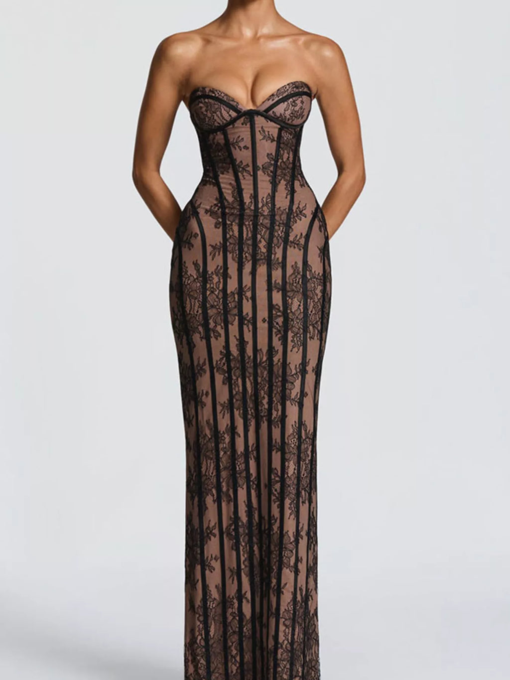 Lace Up Back Strapless Maxi Dress by Shopiebay