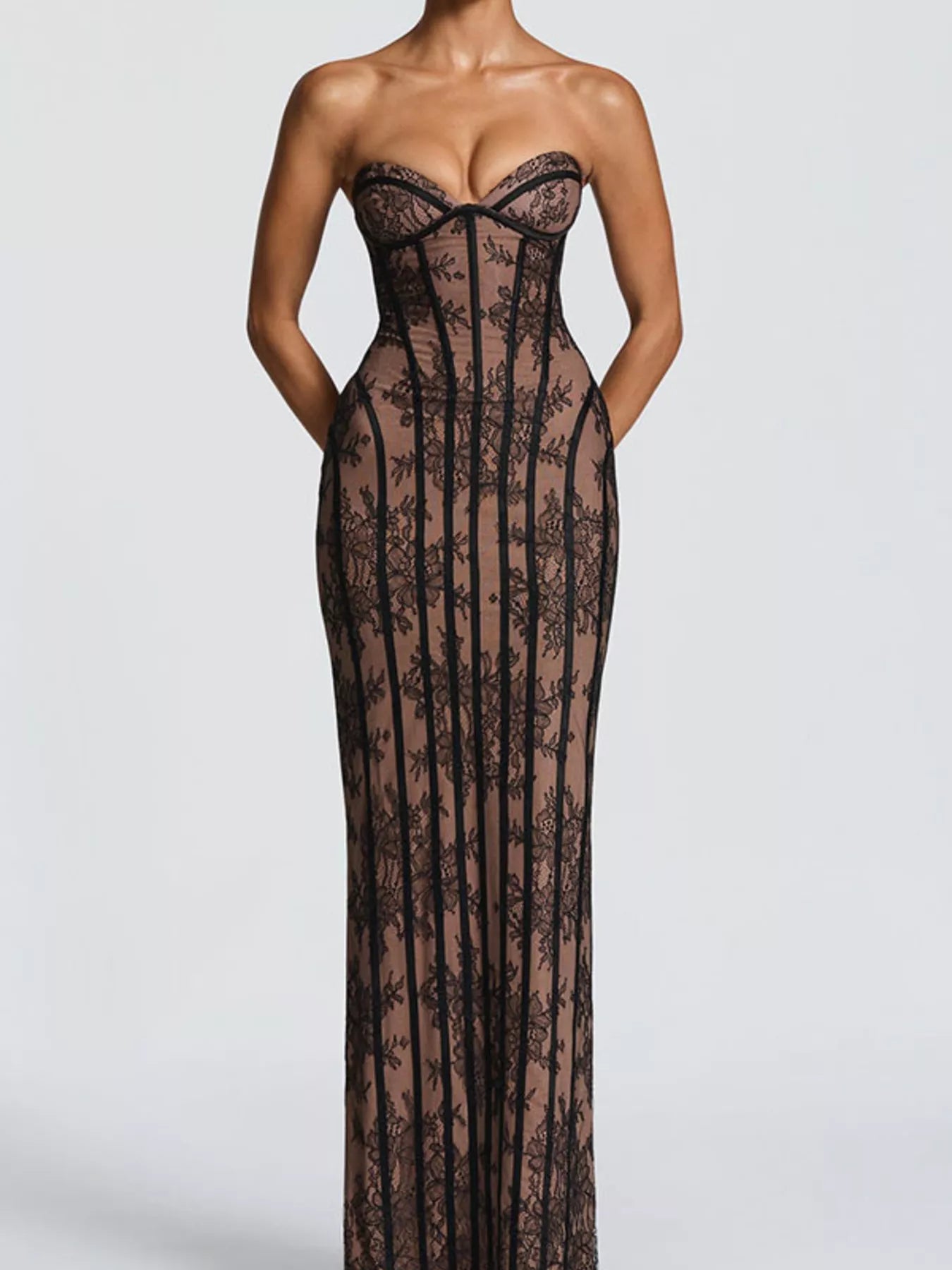 Lace Up Back Strapless Maxi Dress by Shopiebay