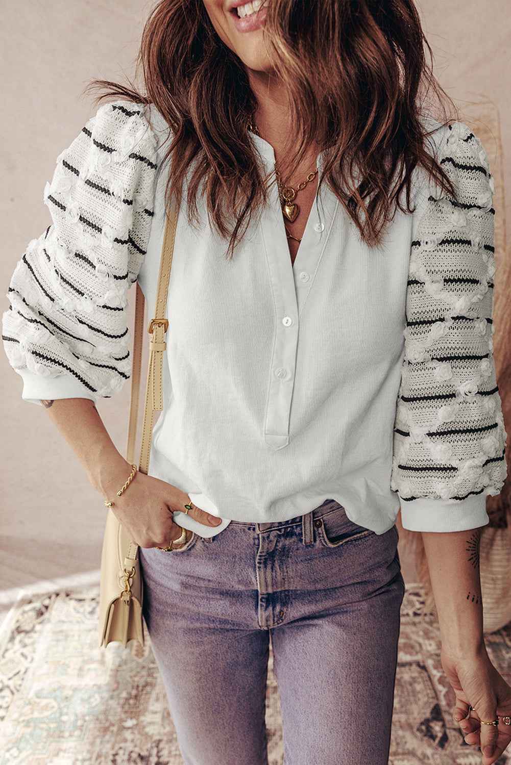 White Button Placket 3/4 Striped Sleeve Patchwork Rib Knit Top