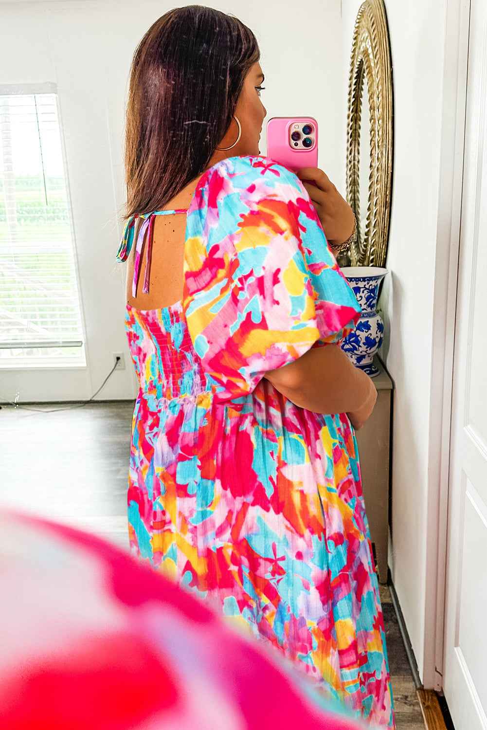 Rose Abstract Printed Puff Sleeve Square Neck Smocked Bust Tied Back Plus Size Dress