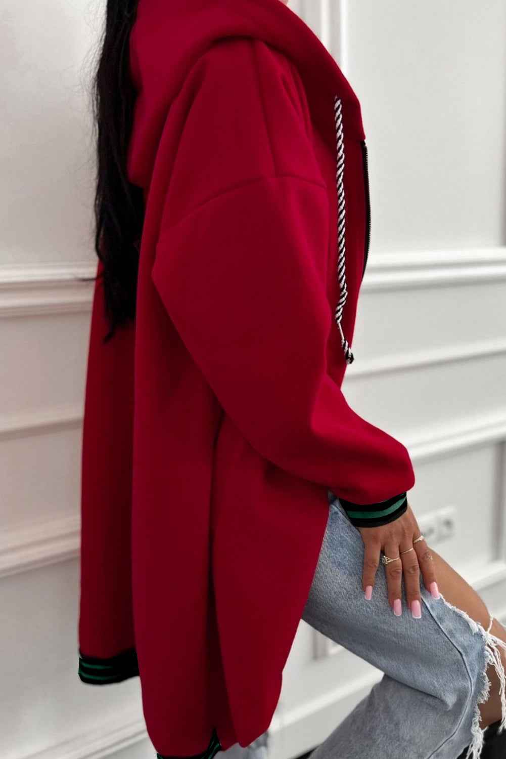 Racing Red Contrast Cuffed Drop Shoulder Zip up Tunic Hoodie