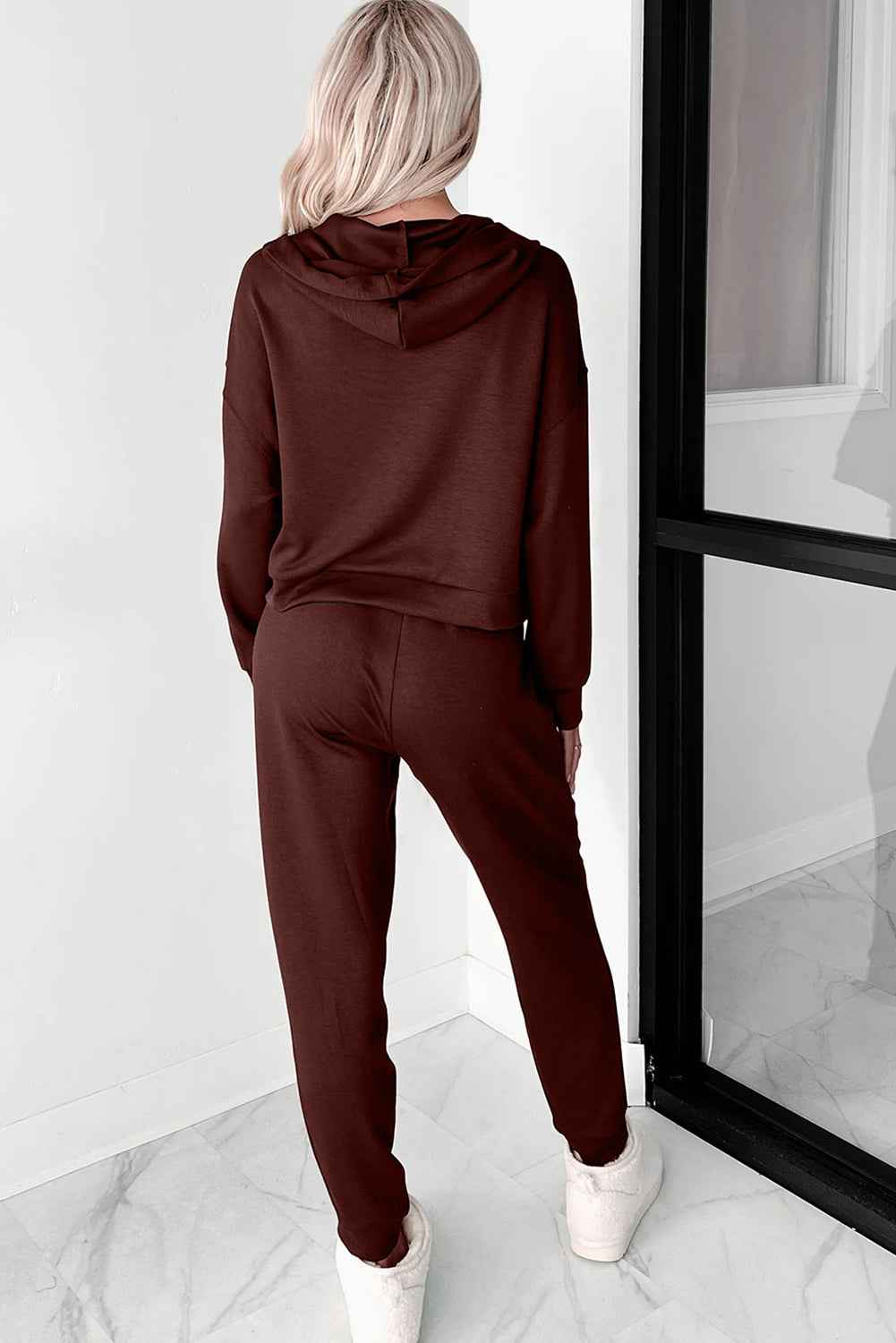 Chicory Coffee Button Drawstring Cropped Hoodie Jogger 2pcs Set