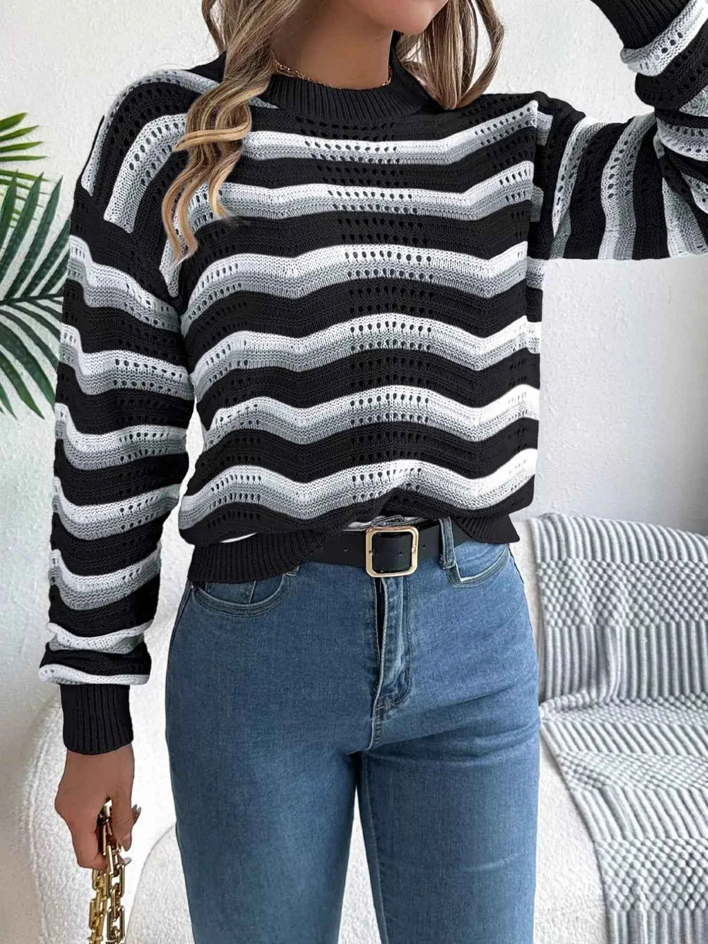 Round Neck Striped Long Sleeve Sweater