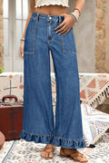 Black Plus Size Elastic Waist Ruffled Wide Leg Denim Pants by Wild and Free Boutique