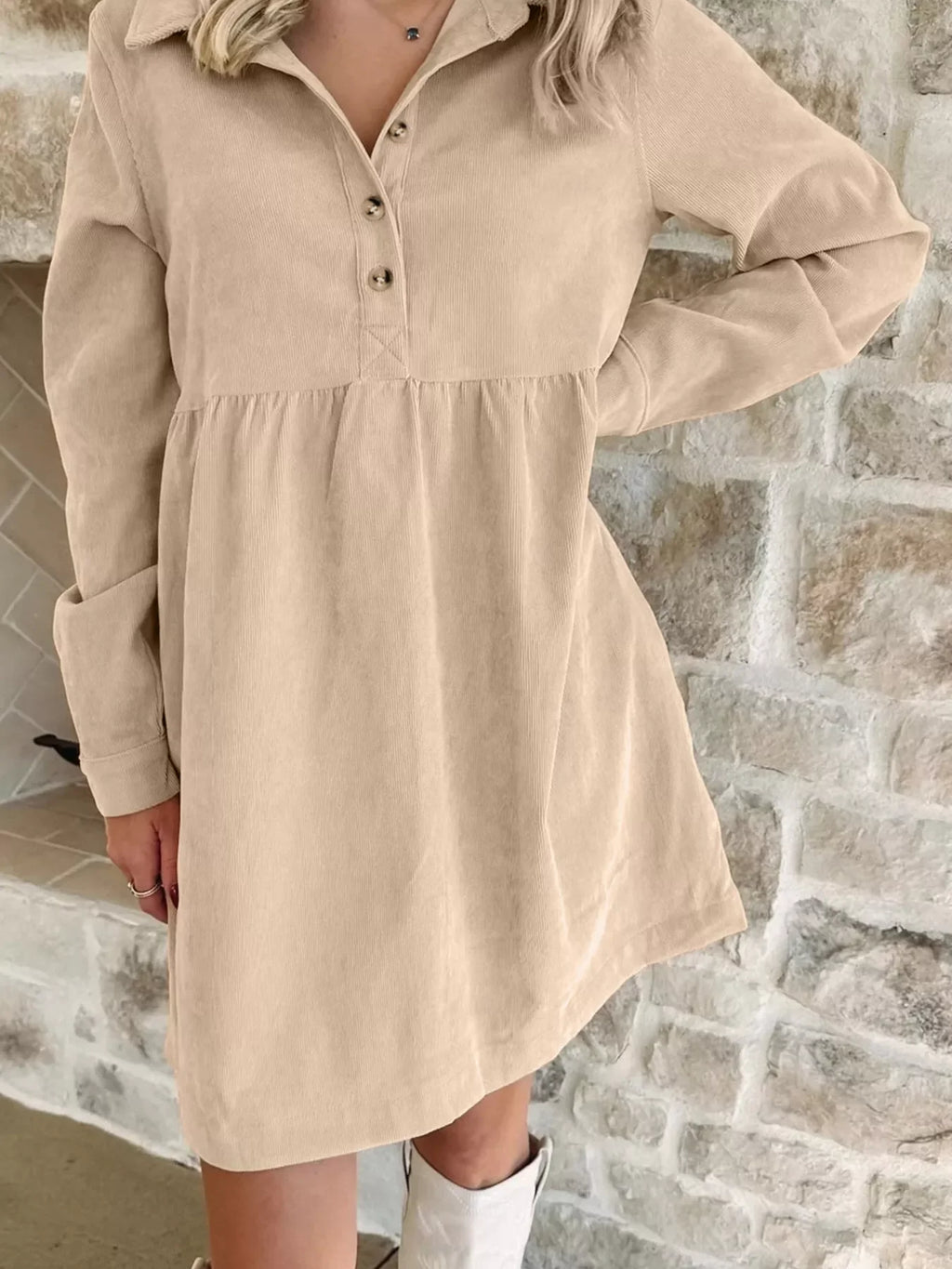 Corduroy Half Button Collared Long Sleeve Mini Dress by Shopiebay