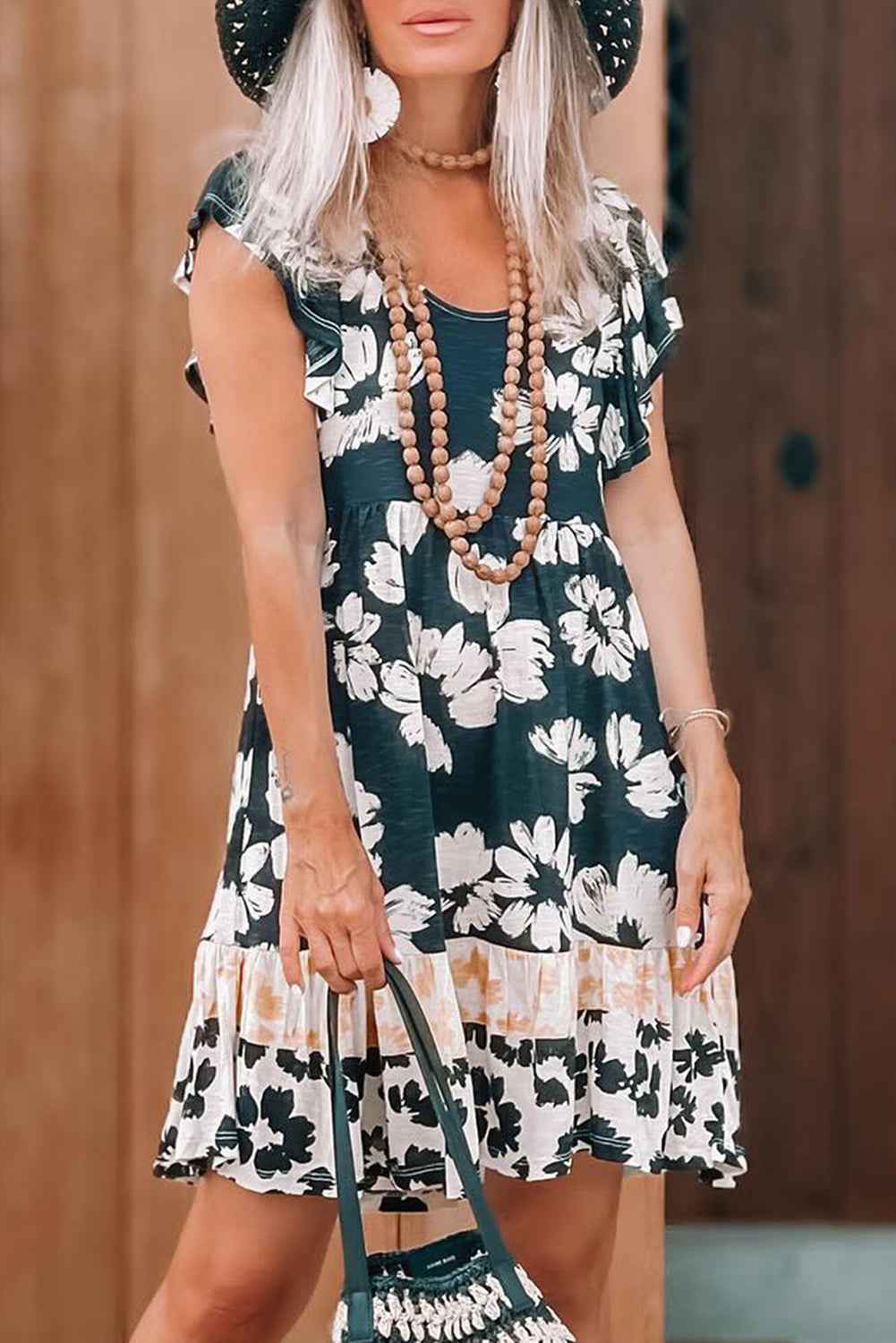 Dark Green Floral Print Ruffle Sleeve Empire Waist Mini Dress