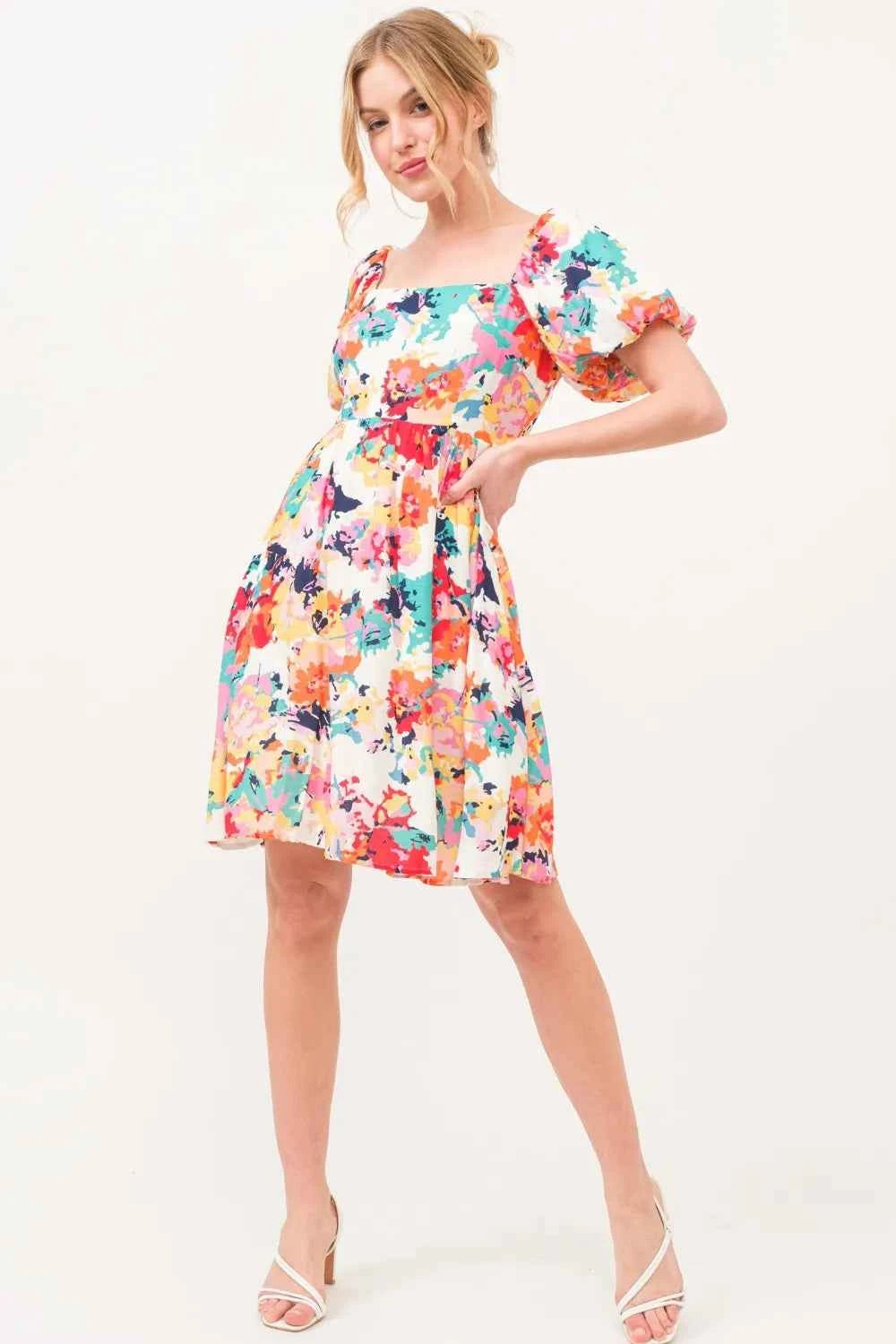 And The Why Square Neck Puff Sleeve Floral Dress