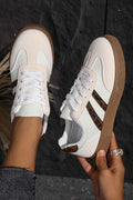 White Textured Woven PU Leather Leopard Patchwork Flat Sneakers