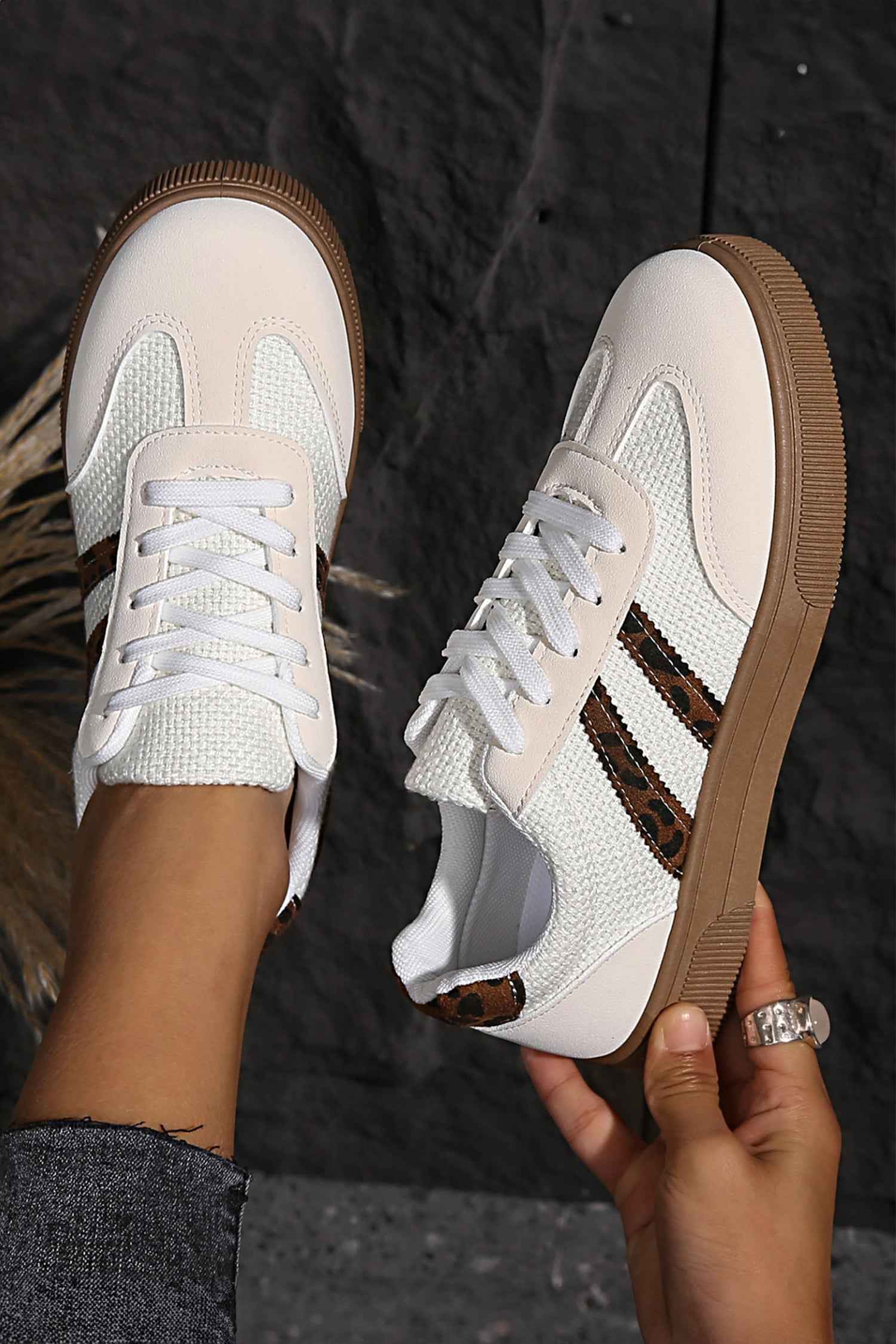 White Textured Woven PU Leather Leopard Patchwork Flat Sneakers