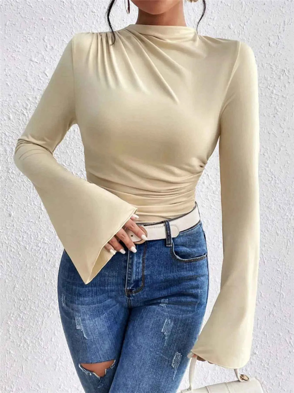 Bell Sleeve Fitted Ruched T Shirt with Mock Neck