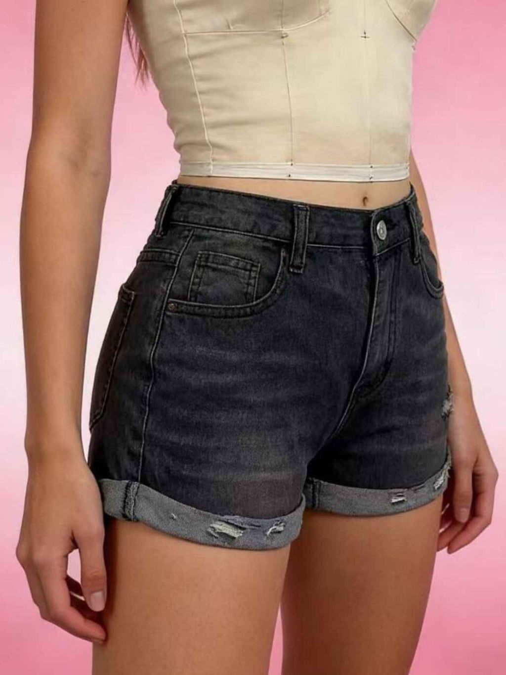 Distressed Denim Roll Up Shorts