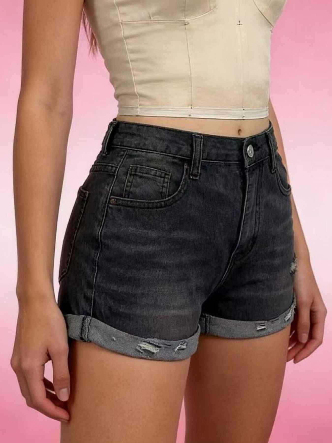 Distressed Denim Roll Up Shorts