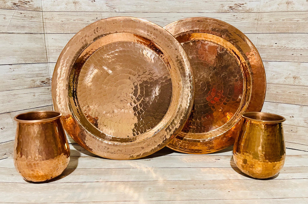 2 Mexican Copper Charger Plates with 2 Copper Cups 2 Platos de Cobre Mexicano con 2 Vasos de Cobre by Chica Mexico