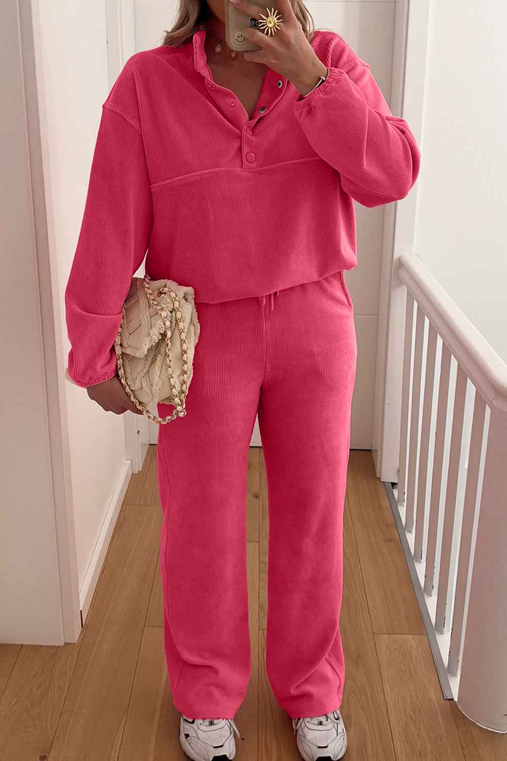 Peach Blossom Half Button Pullover Drawstring Pants Corduroy Set