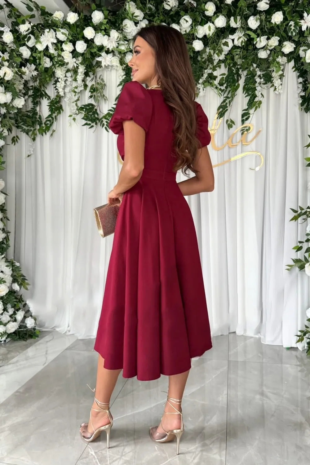 Surplice Puff Sleeve Midi Dress by Shopiebay