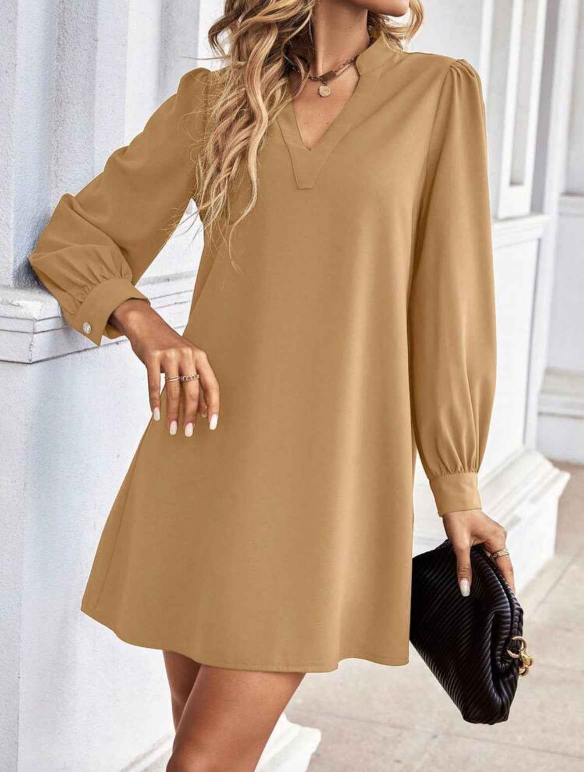 Solid Color And V-neck Loose Long Sleeve Shirt Dress