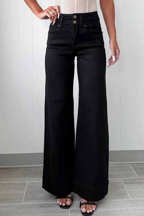 Black 2-Button High Waist Flared Bottom Jeans by Wild and Free Boutique