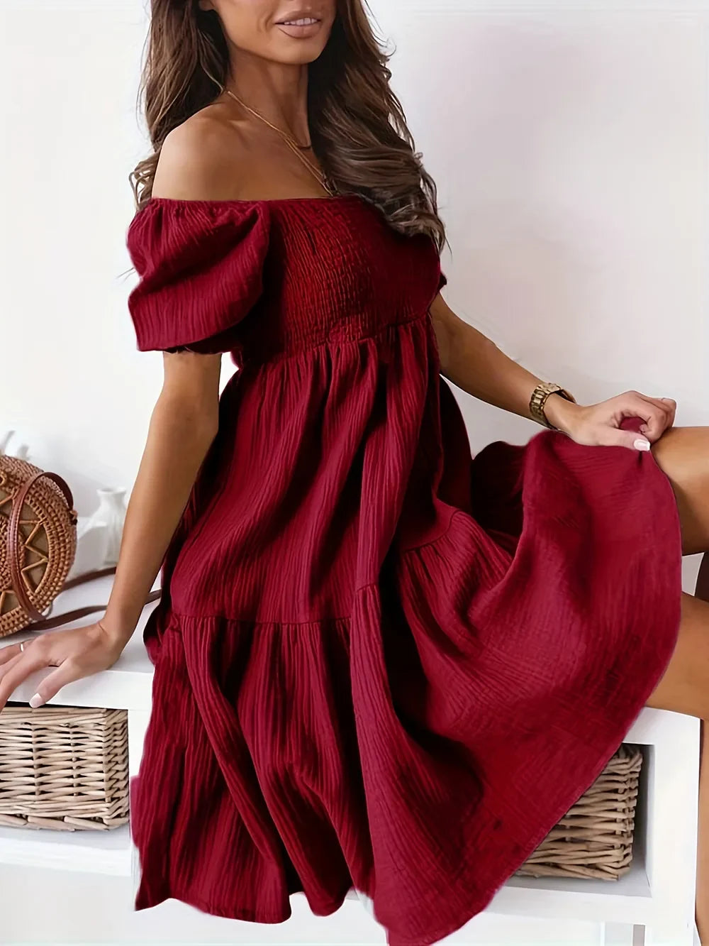 Ruffled Off-Shoulder Short Sleeve Dress by Shopiebay
