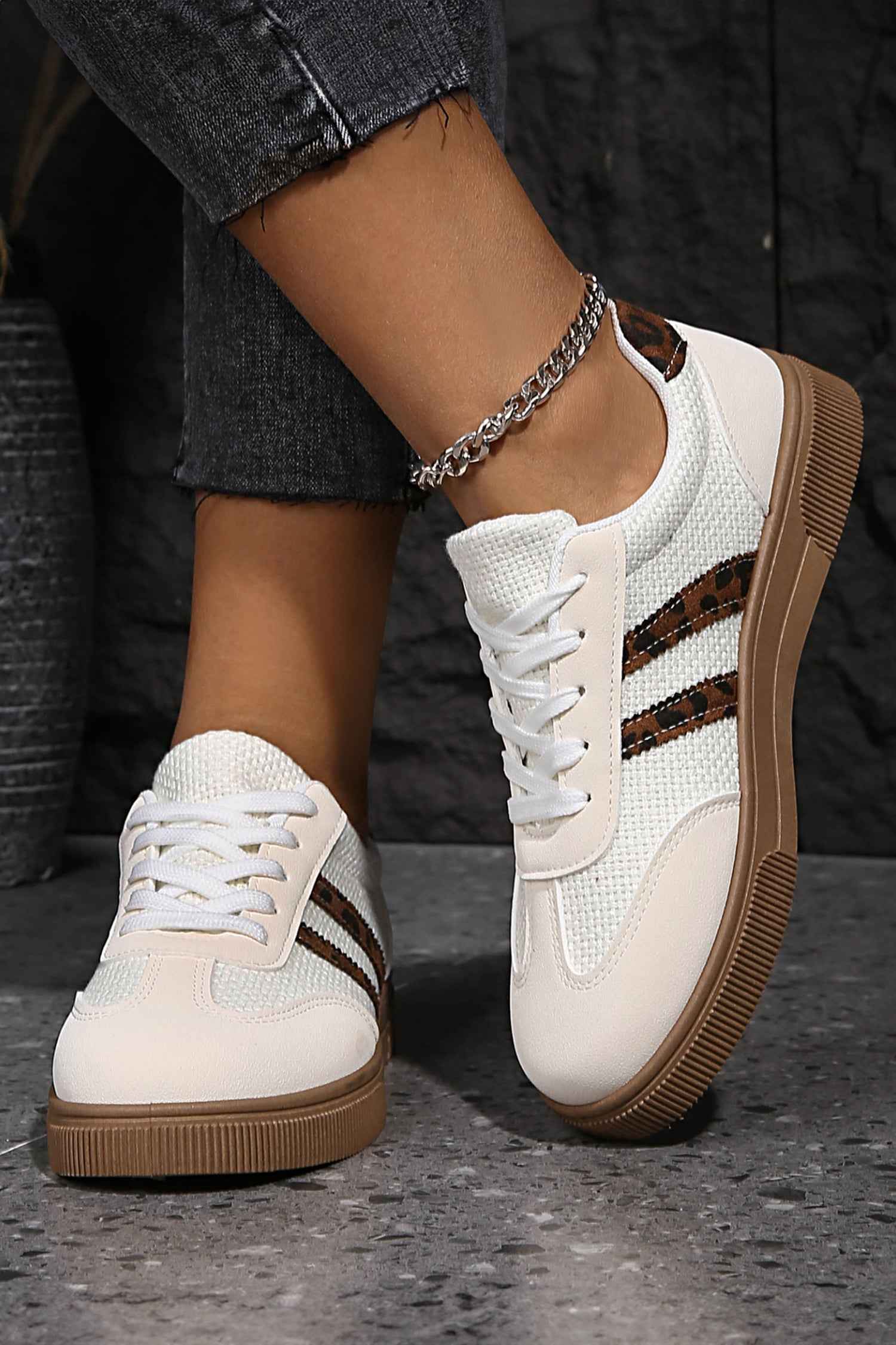 White Textured Woven PU Leather Leopard Patchwork Flat Sneakers