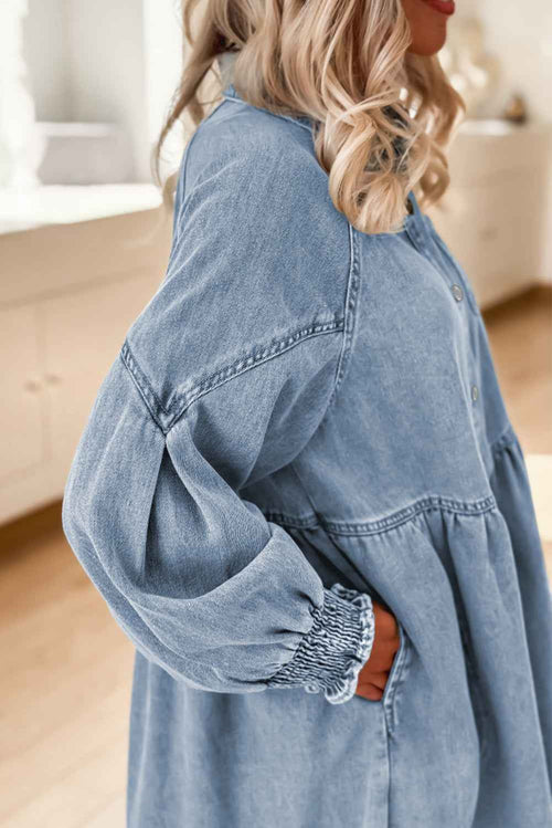 Beau Blue Smocked Cuffs Flared Denim Shirt Mini Dress by Wild and Free Boutique