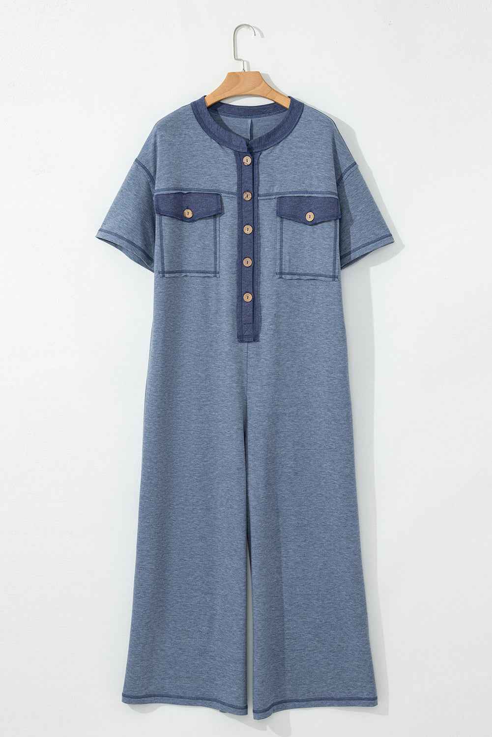 Beau Blue Patchwork Pocket Short Sleeve Jumpsuit
