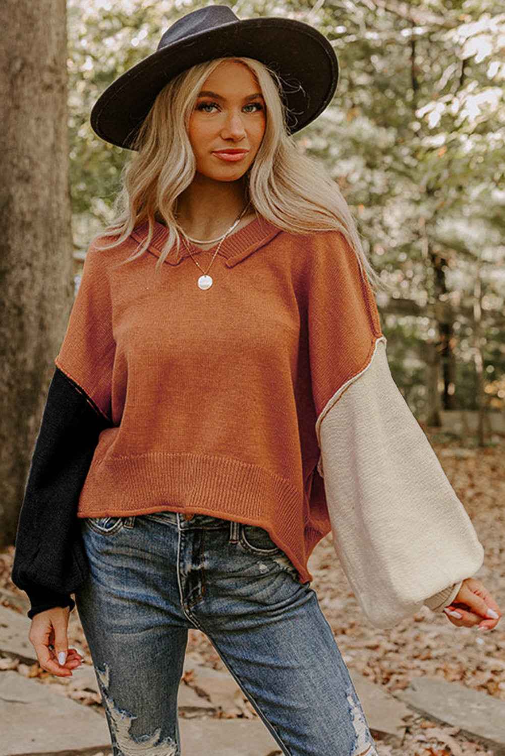 Desert Gold Colorblock Raw Edge Bubble Sleeve V Neck Sweater