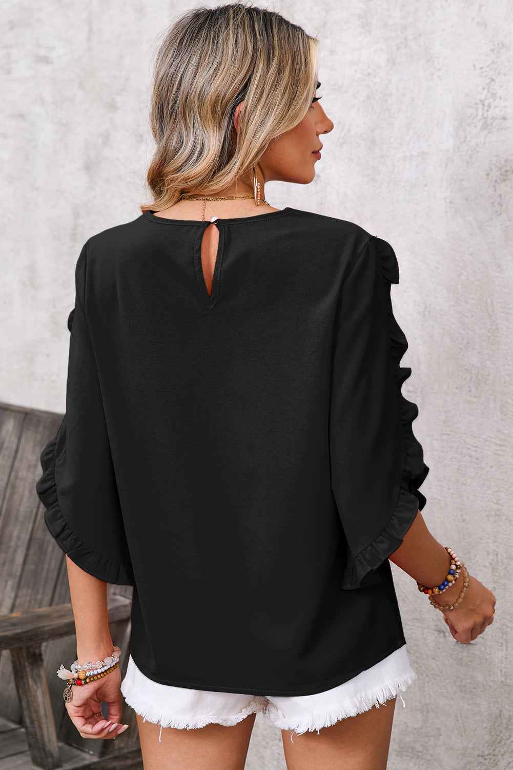 Black Frill Trim Plain Tulip Sleeve Blouse