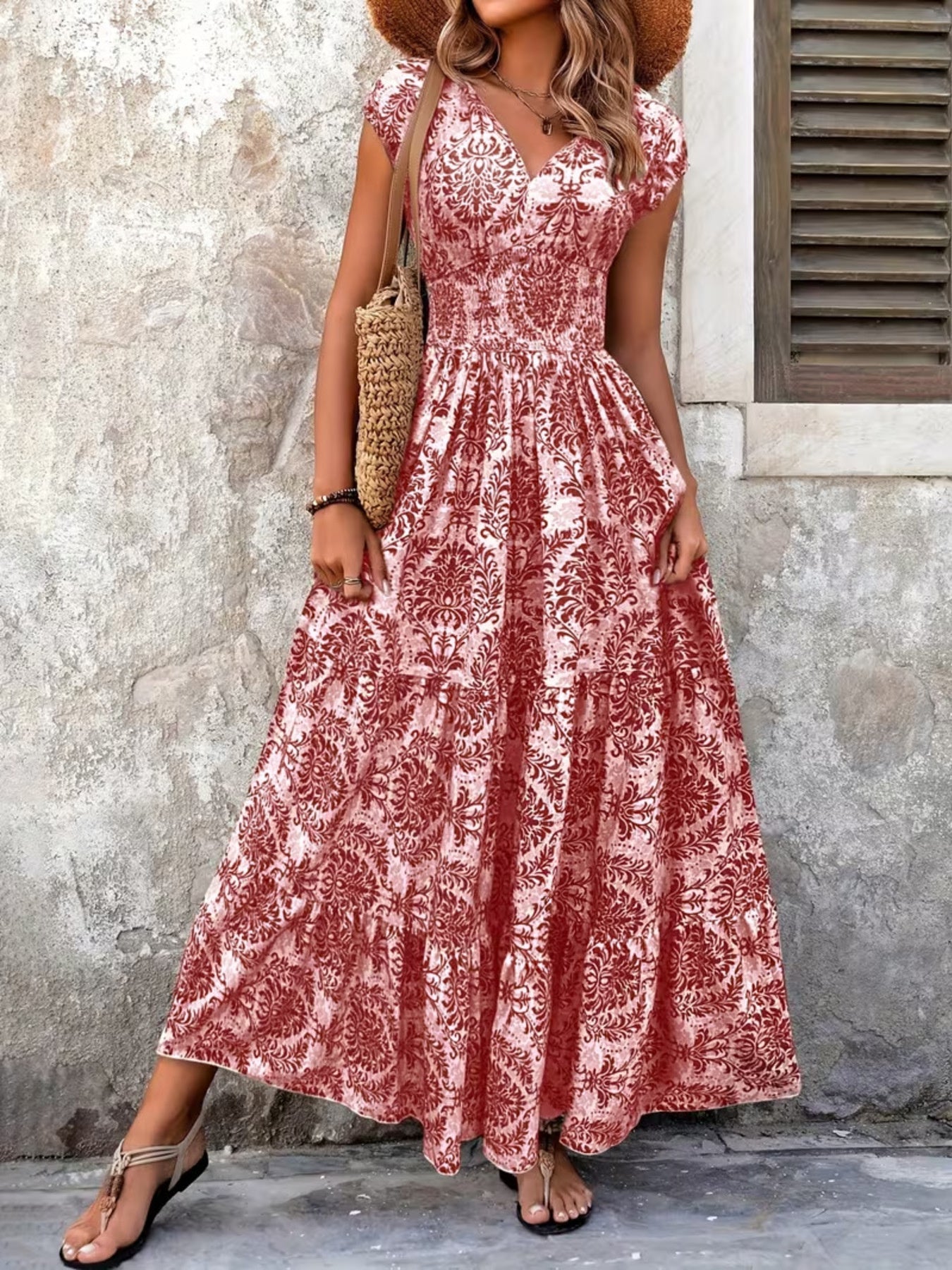 Printed Cap Sleeve Maxi Dress by Shopiebay