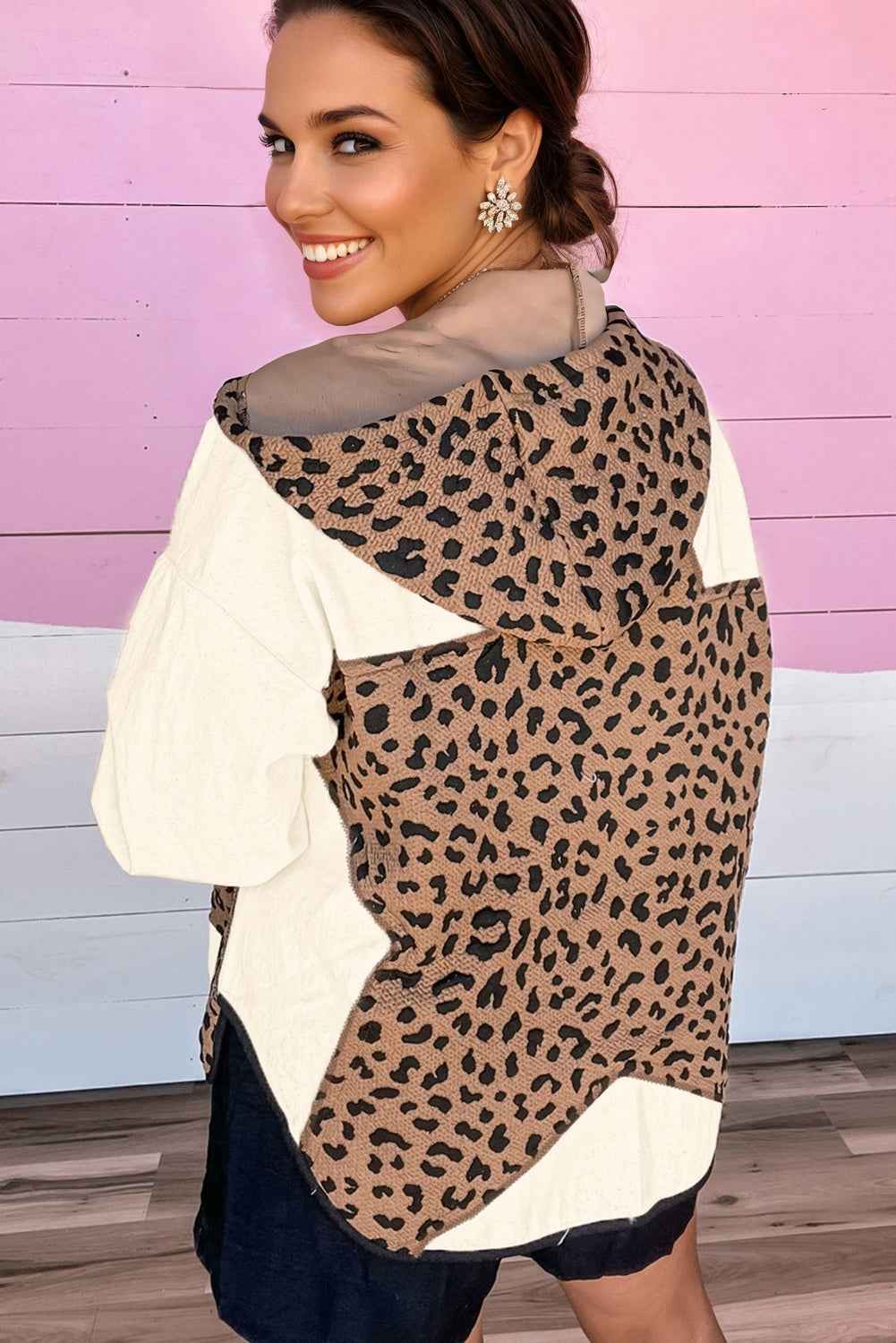 Brown Leopard Star Hooded Patchwork Contrast Piping Open Front Jacket