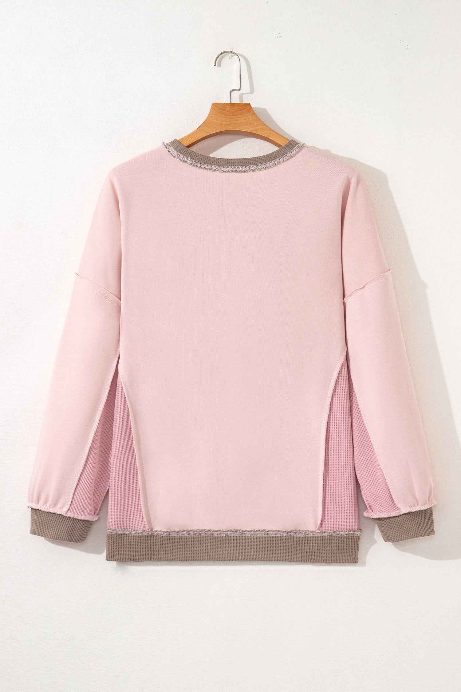 Light Pink Plus Color Block Waffle Patchwork Exposed Seam Baggy Sweatshirt