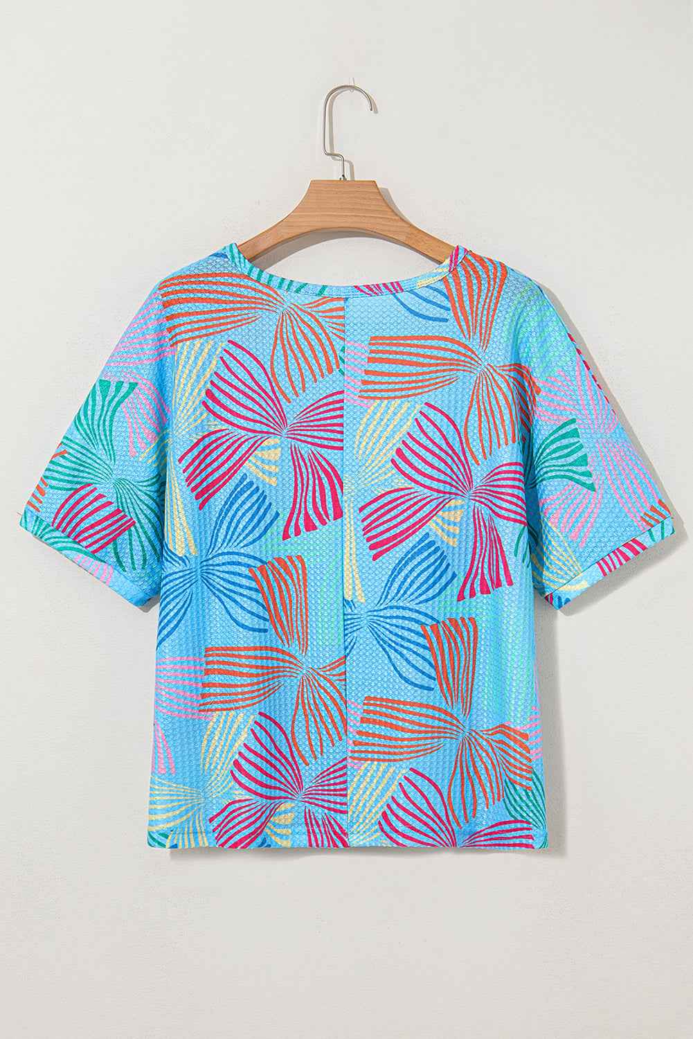 Sky Blue Bowknot Printed Waffle Crewneck Loose Short Sleeve Top
