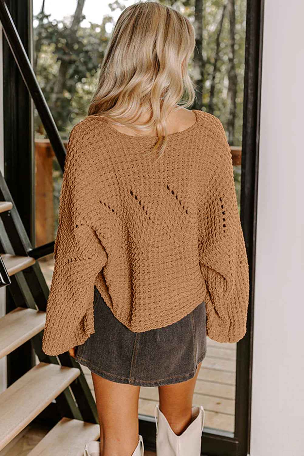 White Hollowed Detail Wide Sleeve Loose Pullover Sweater
