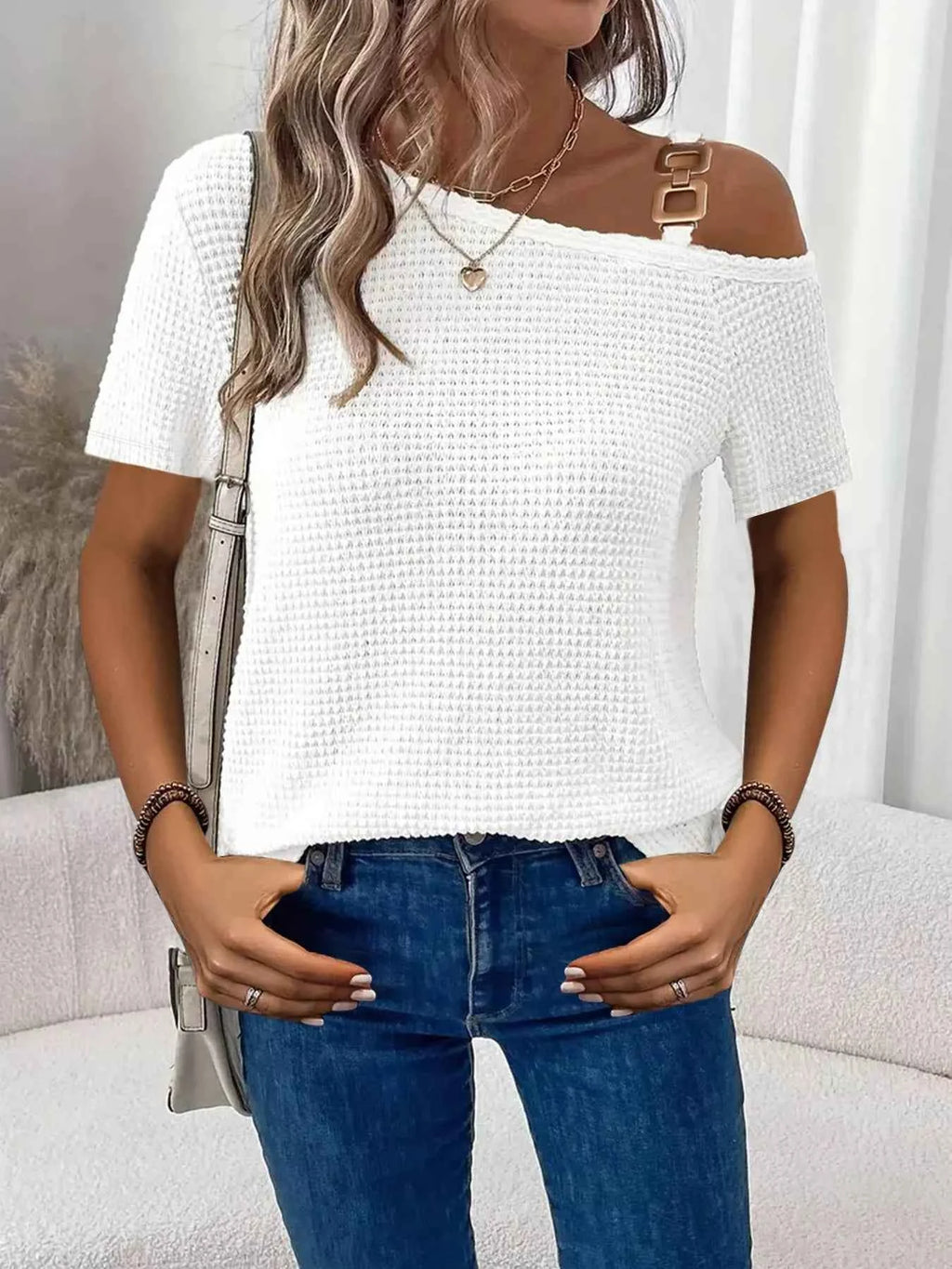 Chain Detail Waffle Knit One Shoulder T Shirt