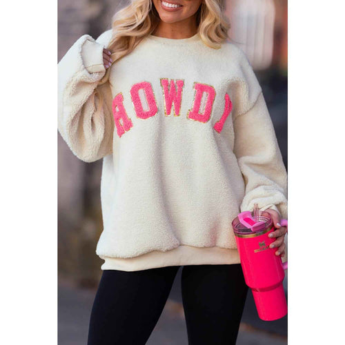 Beige Sherpa HOWDY Patched Pullover Sweatshirt by Wild and Free Boutique