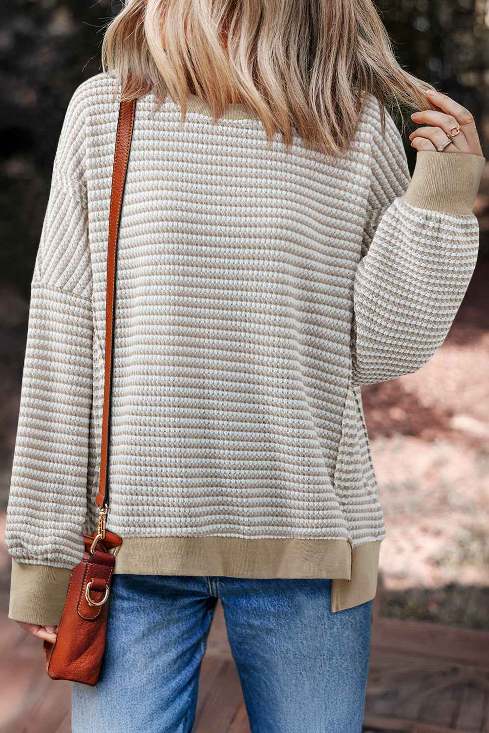 Black Stripe Ribbed Trim Drop Shoulder Long Sleeve Oversized Top