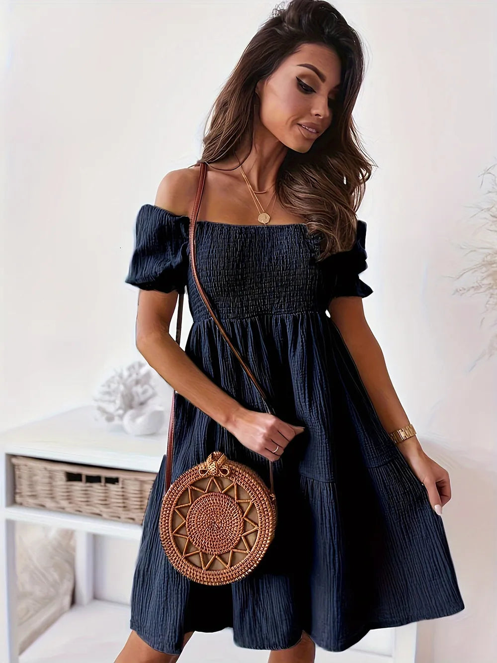 Ruffled Off-Shoulder Short Sleeve Dress by Shopiebay