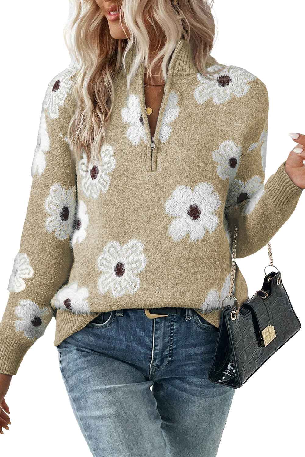 Khaki Vintage 60s Floral Pattern Half Zip Collar Drop Shoulder Sweater