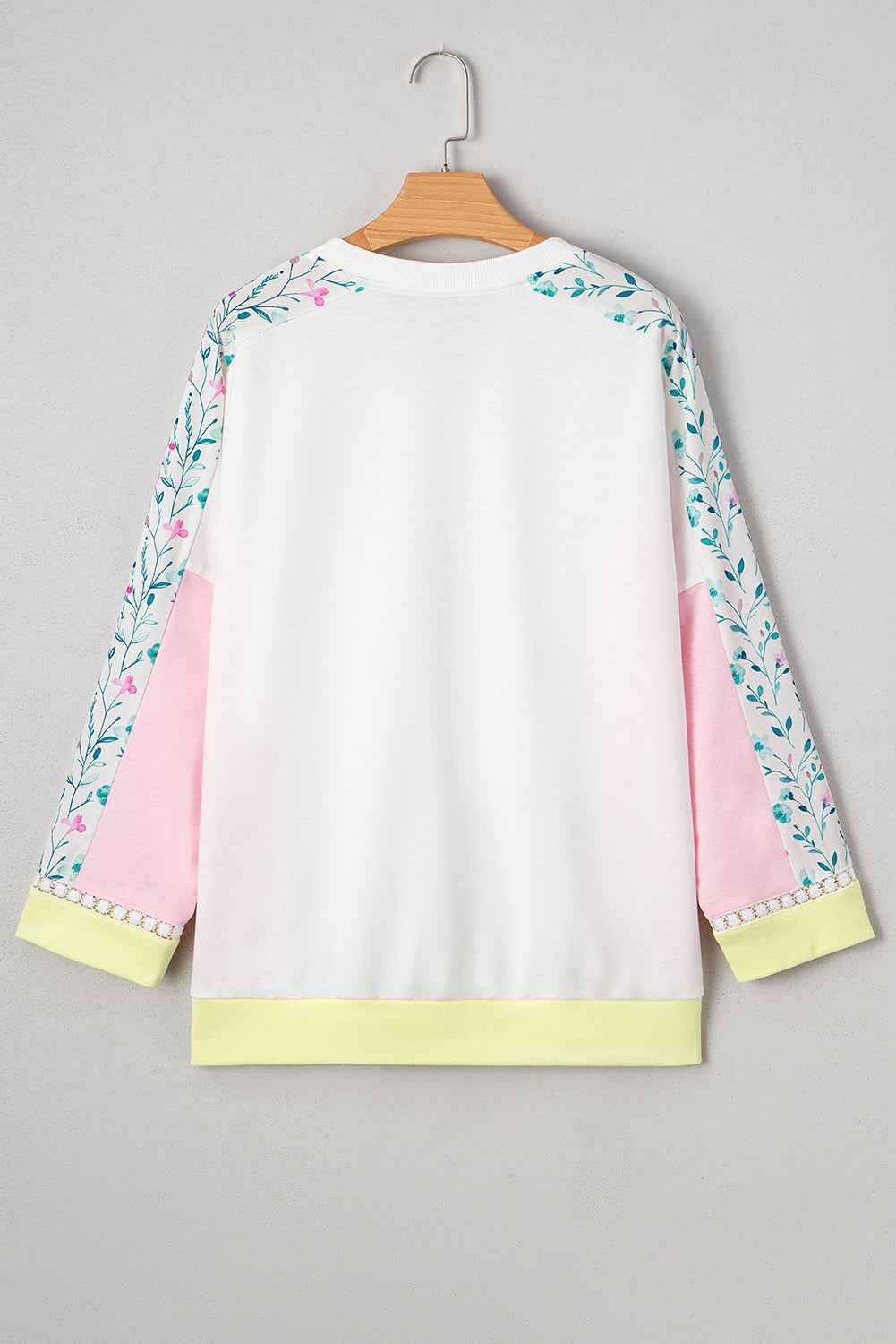 White Floral Colorblock Patchwork Notched Neck Long Sleeve Top