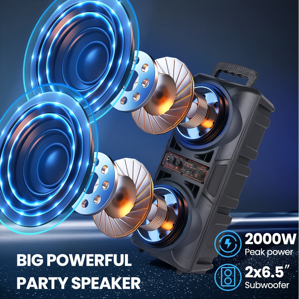 Portable Bluetooth Speaker with Subwoofer Bass, Dual 6.5" LED Woofers and Microphone by DailySale