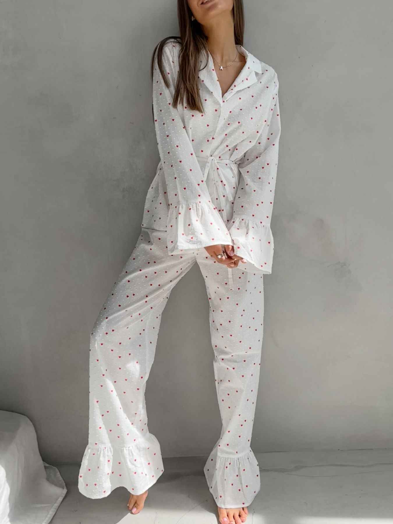 Heart Print Ruffle Trim Button-Up Cotton Lounge Set