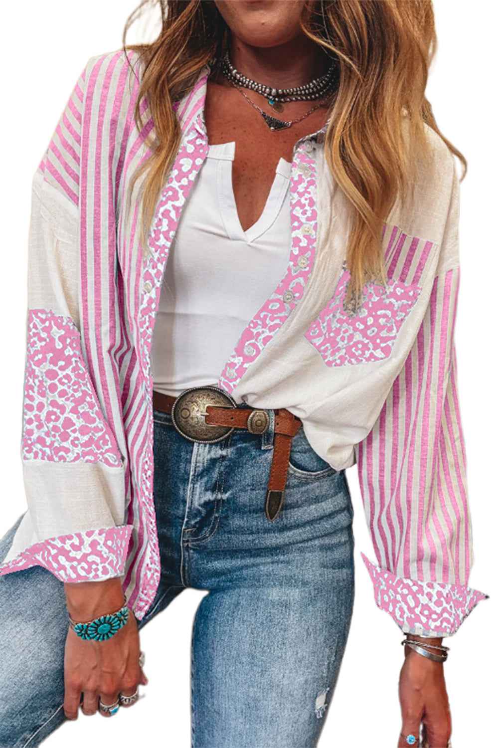 Pink Leopard Striped Patchwork Button-up Shirt