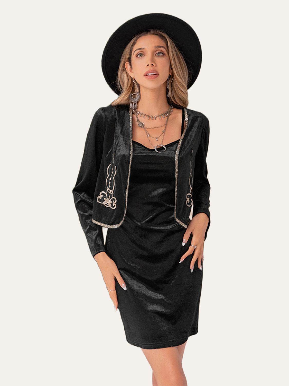 Embroidered Open Front Cardigan and Cami Dress Set for Women by Selvanelle