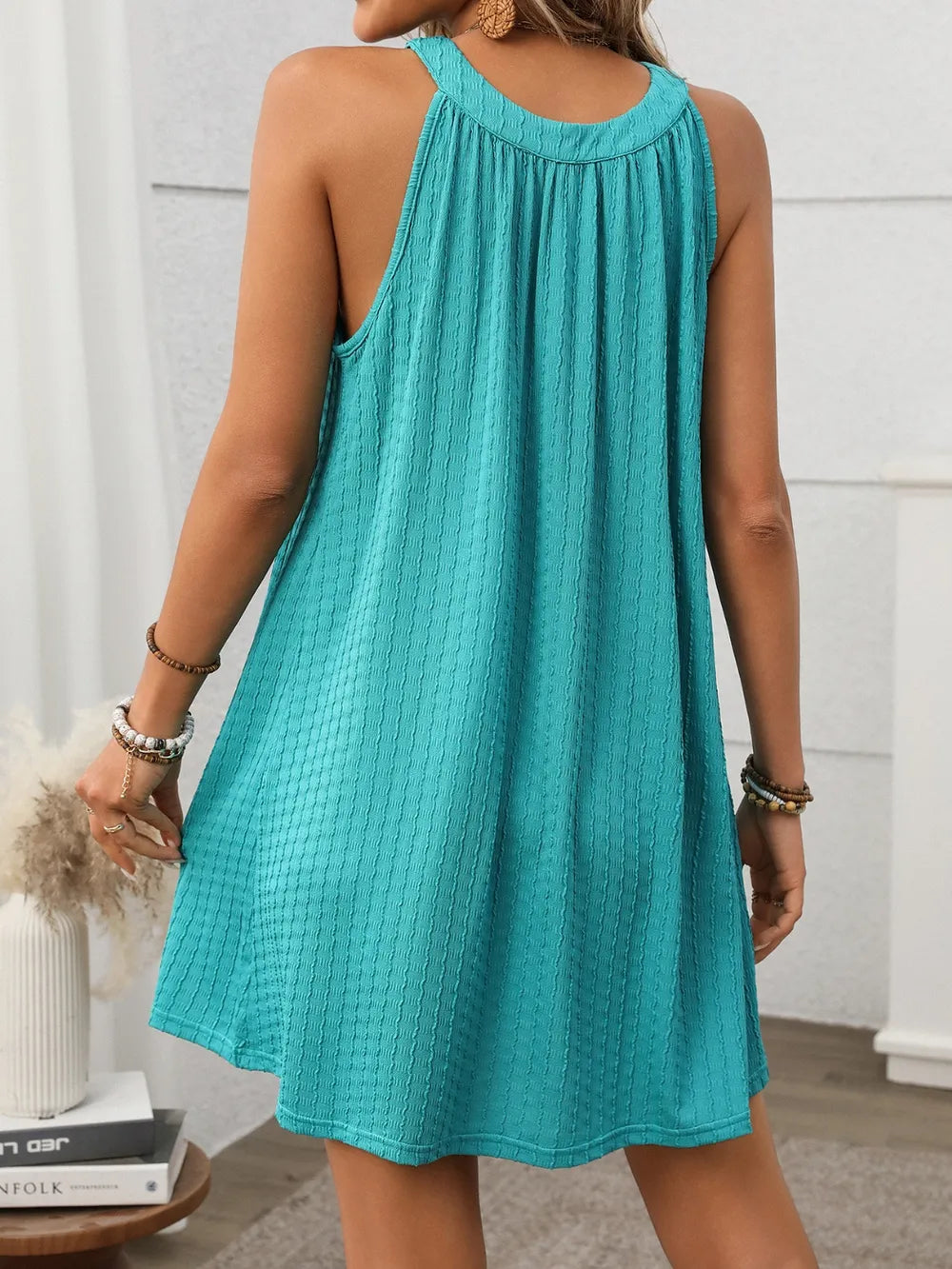 Textured Grecian Neck Mini Dress by Shopiebay