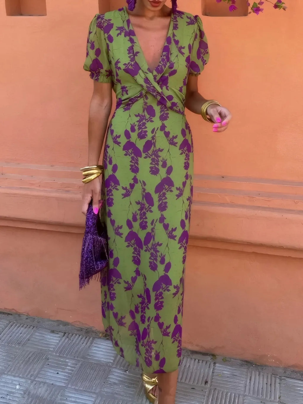 Printed Plunge Short Sleeve Midi Dress by Shopiebay
