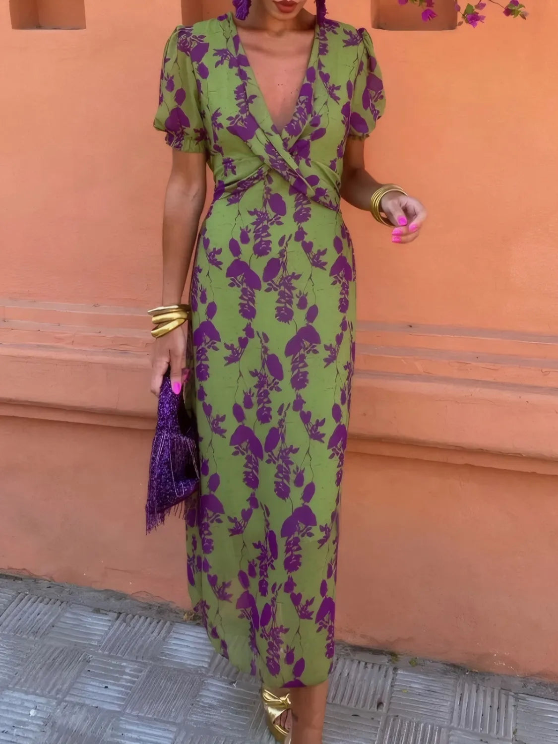 Printed Plunge Short Sleeve Midi Dress by Shopiebay