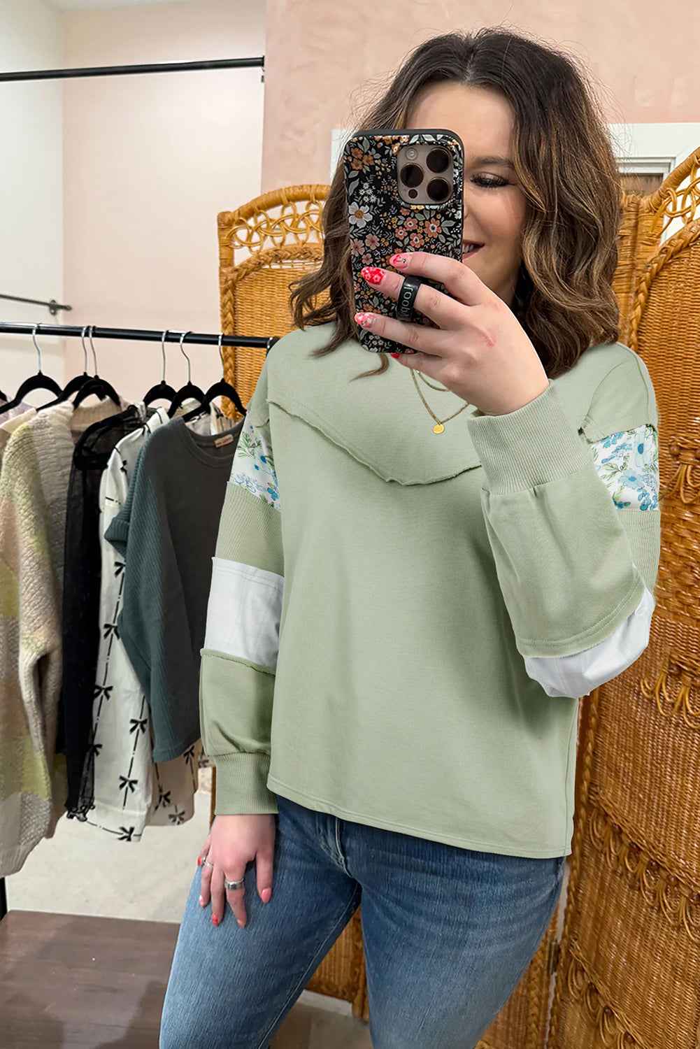 Laurel Green Floral Plaid Mixed Sleeve Raw Edge Relaxed French Terry Top
