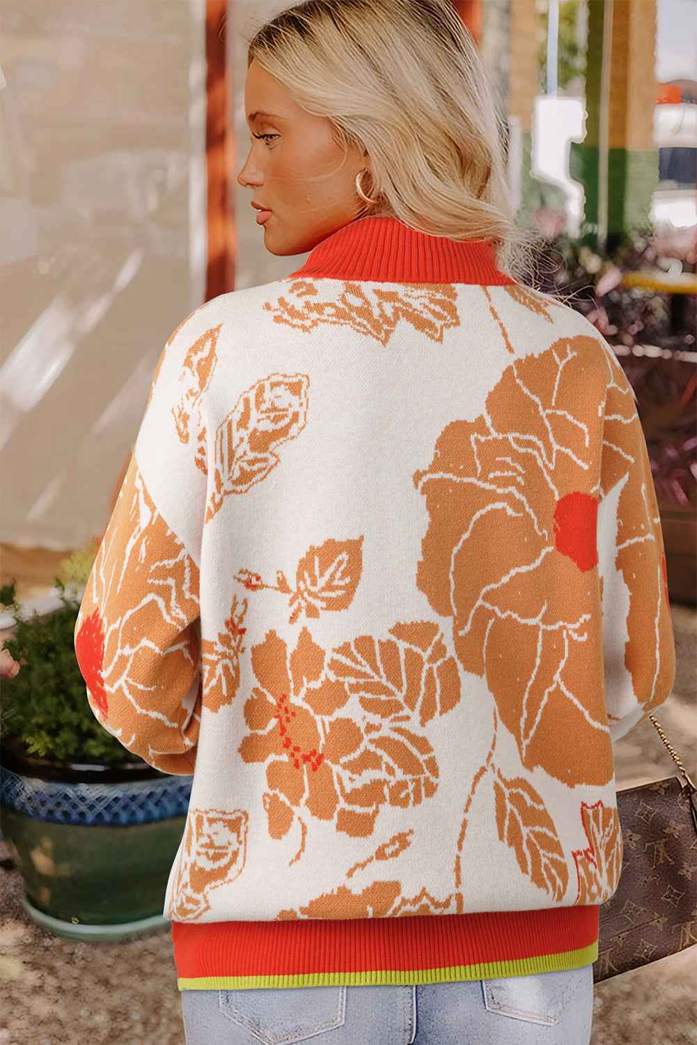 Khaki Ribbed Detail Floral Pattern Zip Collar Pullover Sweater