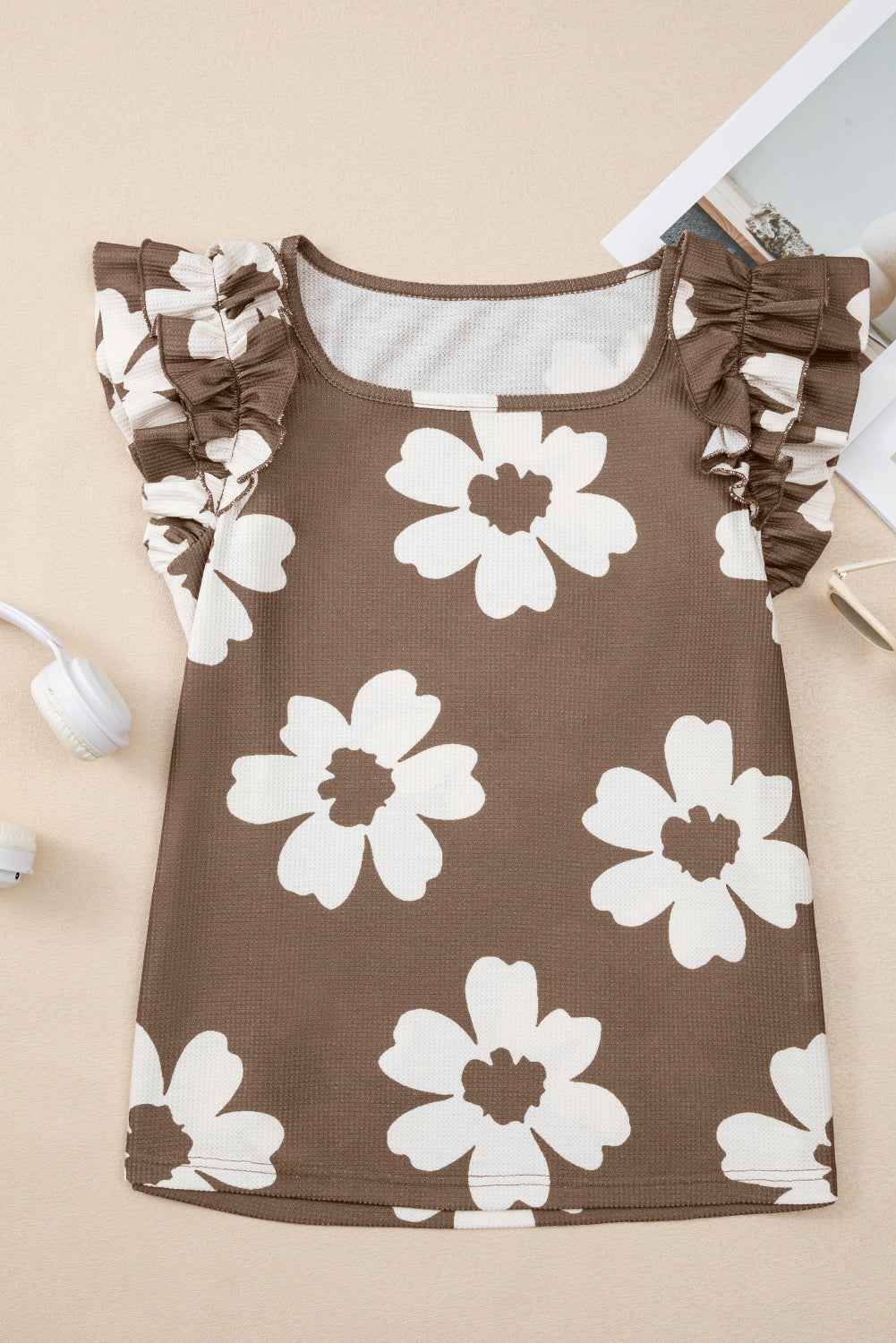 Brown Floral Textured Ruffled Short Sleeve Square Neck Blouse